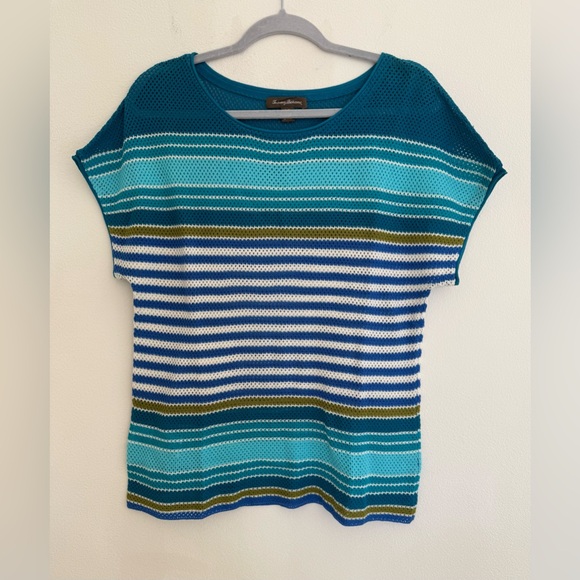 Tommy Bahama Teal and Blue Striped Short Sleeve Sweater - Picture 1 of 4